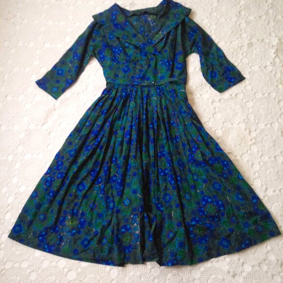 Vintage Dresses & Skirts - Vtg 50s 60s Midi Dress Fit Flare Blue Green Floral Shawl Collar Belted XS Women